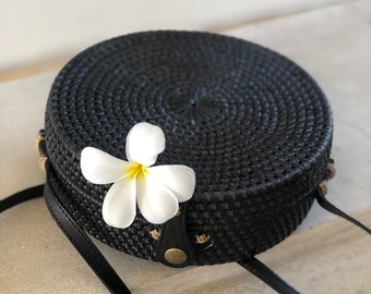 Round Black Rattan Straw Bag | Bag Straw Summer Bloggers Bag | Black Rattan Straw Summer Crossbody Leather Strap Bag | Black Round Wood Bag