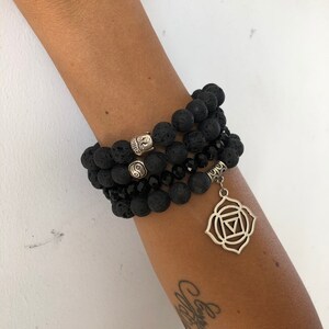 Set of Four Lava and Crystal Black Handmade Bracelet | Woman Bracelet Set | Lava Carka Buddha Ying Yang  Spiritual Bali Oil Diffuser Jewerly