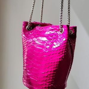 Genuine python skin bucket fuchsia chain bag / designer women purse / bright soft  bag / exotic leather bags free shipping | gift for her