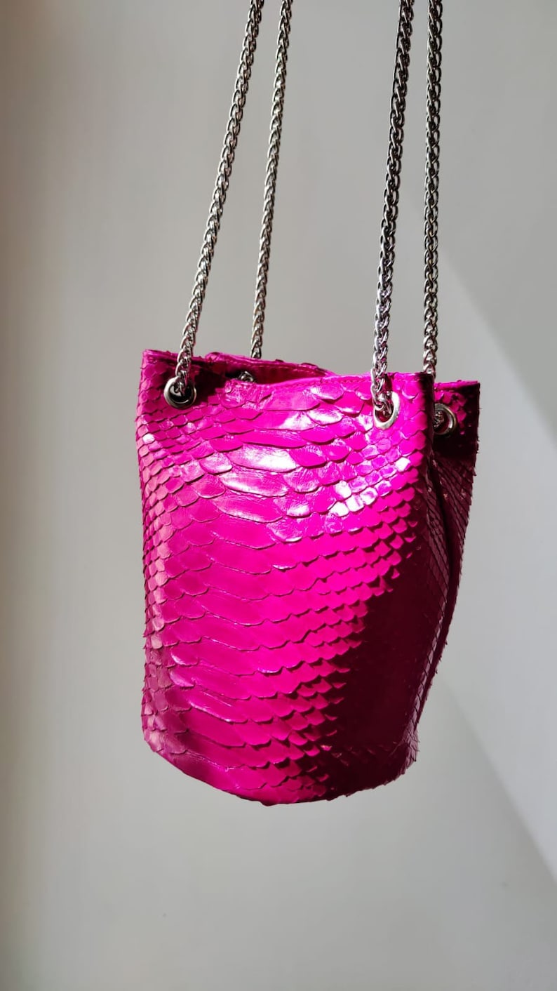 Genuine python skin bucket fuchsia chain bag / designer women purse / bright soft bag / exotic leather bags free shipping | gift for her image 1