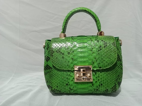 Genuine python top handle bag / designer bag / exotic leather bag / green  classy leather crossbody summer bag / snake print purse