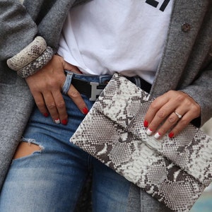 Clutch Genuine Python Skin  Grey Clutch Uncolored | Small Evening Classy Elegant Snake Python Leather Clutch | Envelope Clutch Casual Python