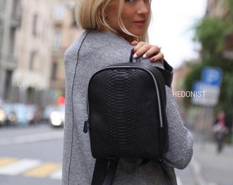 Leather black backpack python skin  woman  | Leather Rucksack | Girls Backpack  Snake Skin | Backpack purse handmade genuine leather