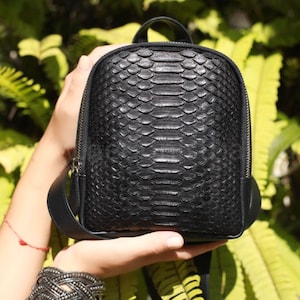 May include: A small black leather backpack with a snakeskin pattern. The backpack has a zip closure and adjustable straps.