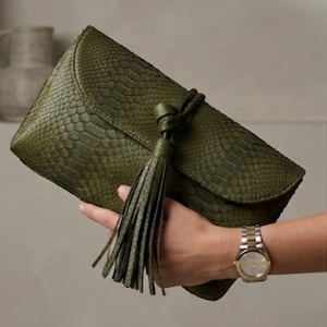 Genuine Python Skin Clutch with tassel |women purse | exotic leather bags | khaki evening clutch | designer crossbody bag handmade