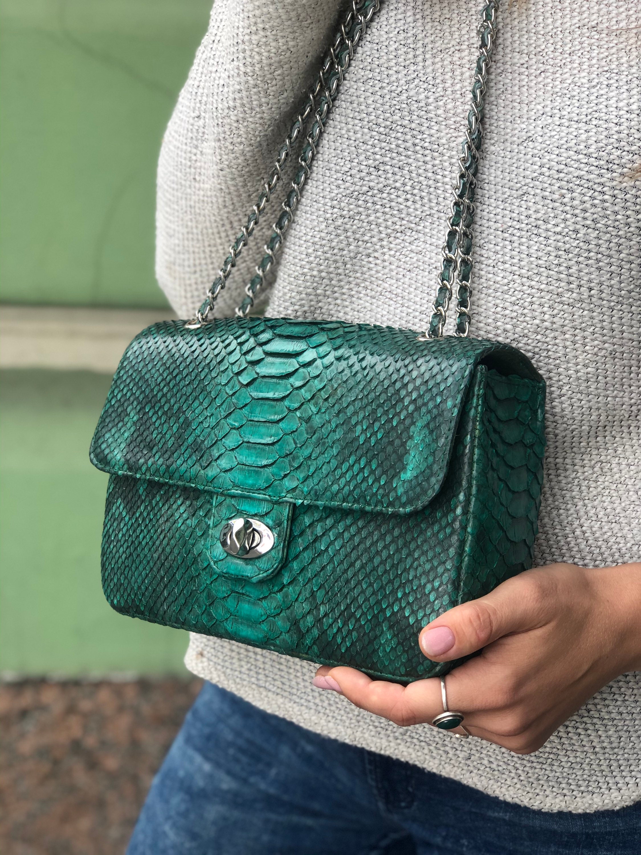 Genuine Python Skin Green Color Shiny Chain Bag | Shoulder Genuine Python Skin Green Color Shiny Chain Bag | Shoulder