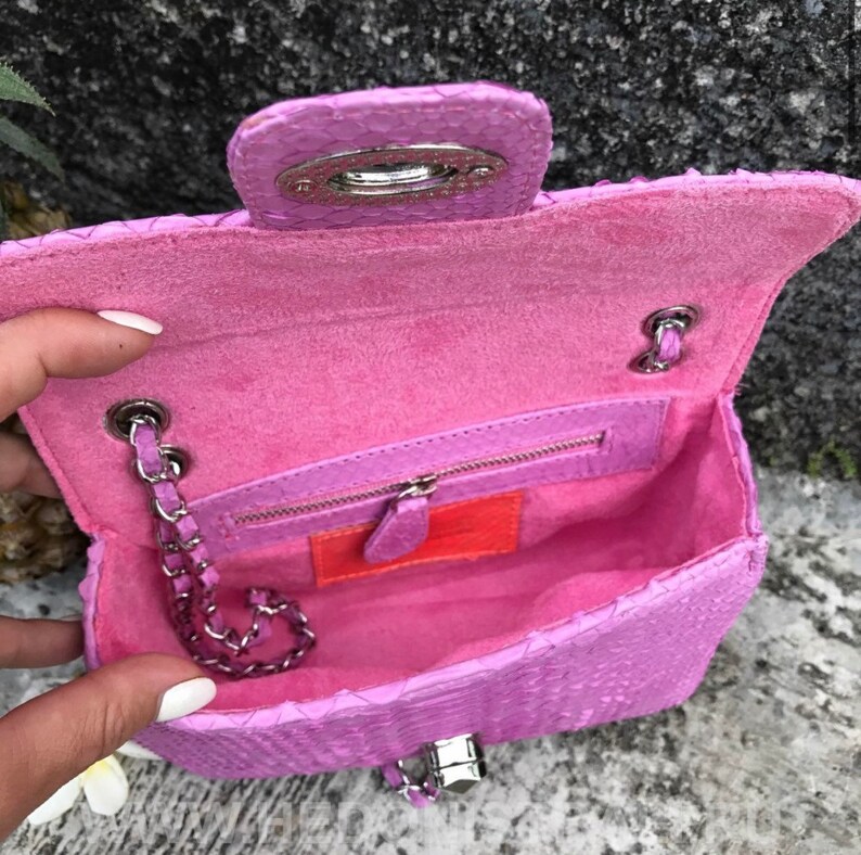 K&ouml;nnte beinhalten: Eine kleine rosa Schlangenleder-Handtasche mit einer silbernen Kettenkette und einem silbernen Verschluss. Die Tasche ist offen und das Innere ist mit rosa Stoff ausgekleidet. Im Inneren der Tasche befindet sich eine Rei&szlig;verschlusstasche.