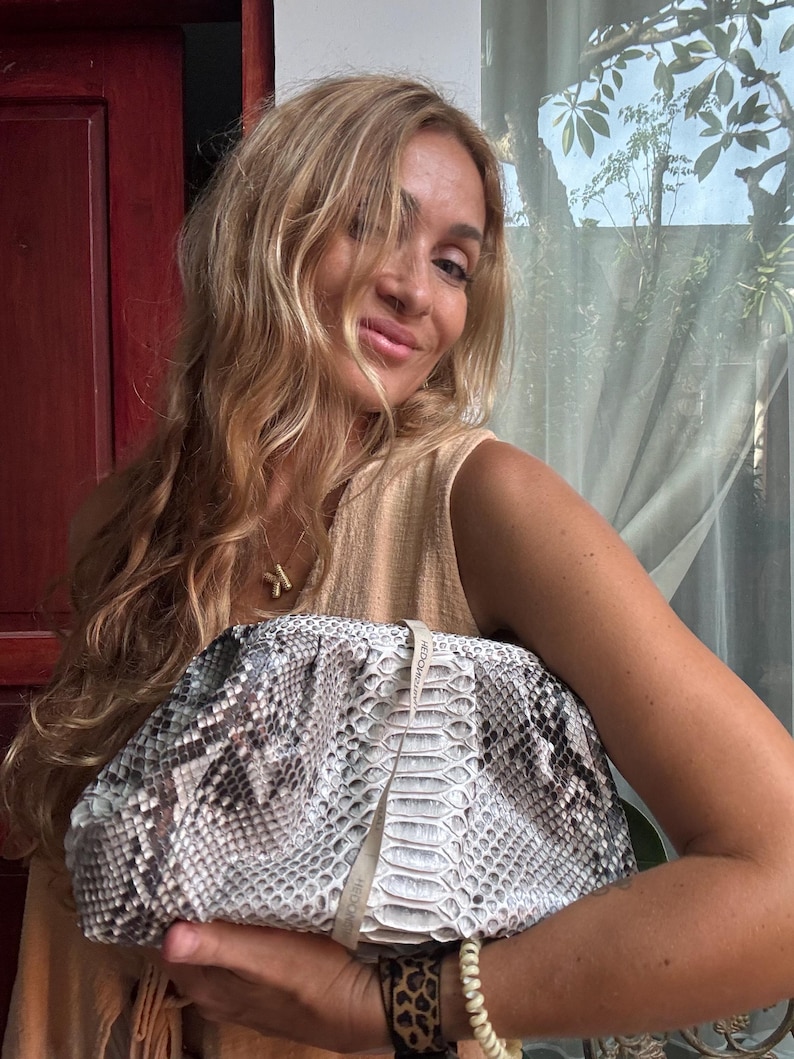 Genuine python skin grey uncolored pouch bag | exotic leather bags | medium size soft clutch | snake designer bag | gift for her | cloud bag image 4