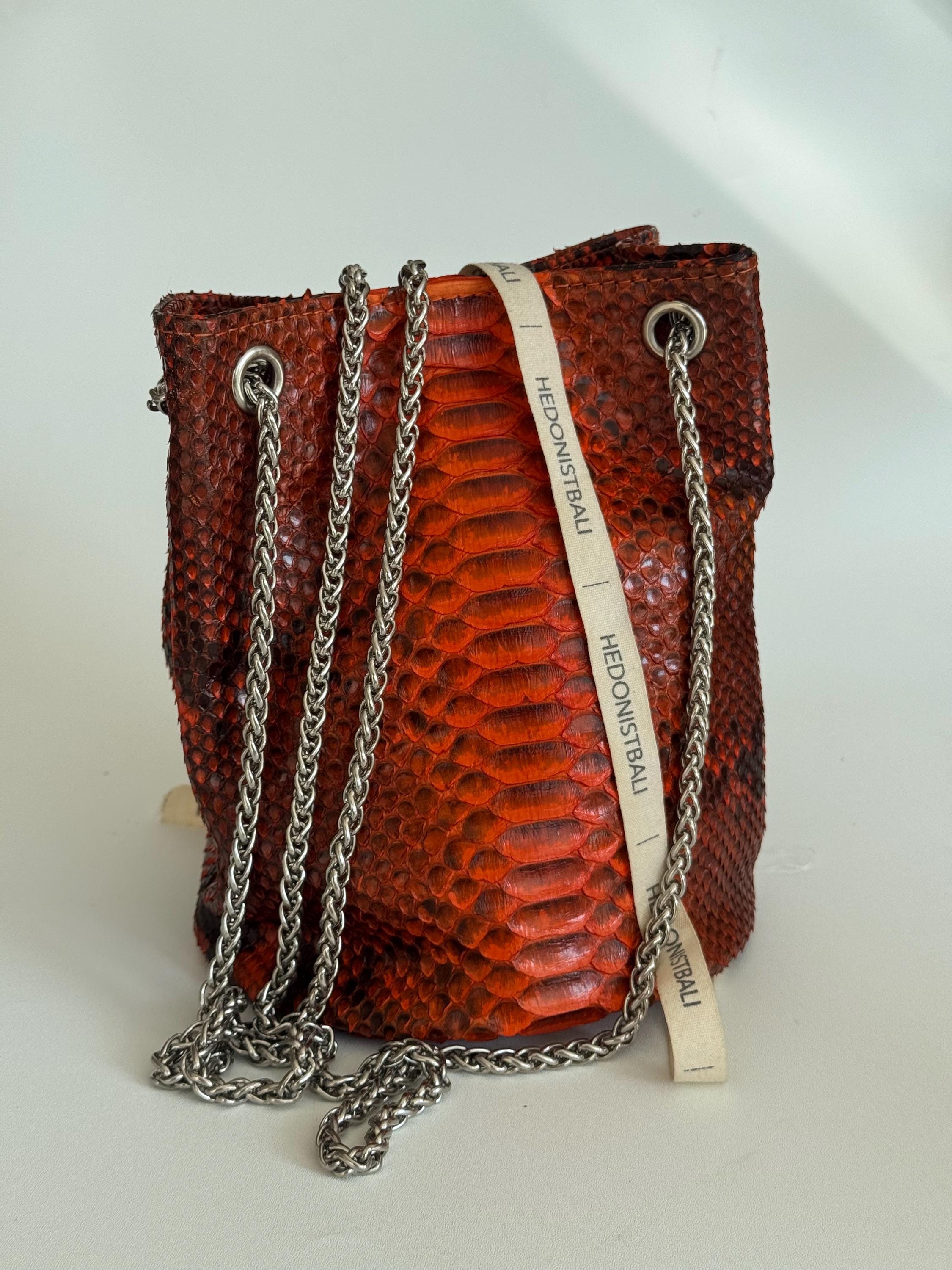 Genuine Python Skin Bucket Orange Chain Bag / Designer Women Purse