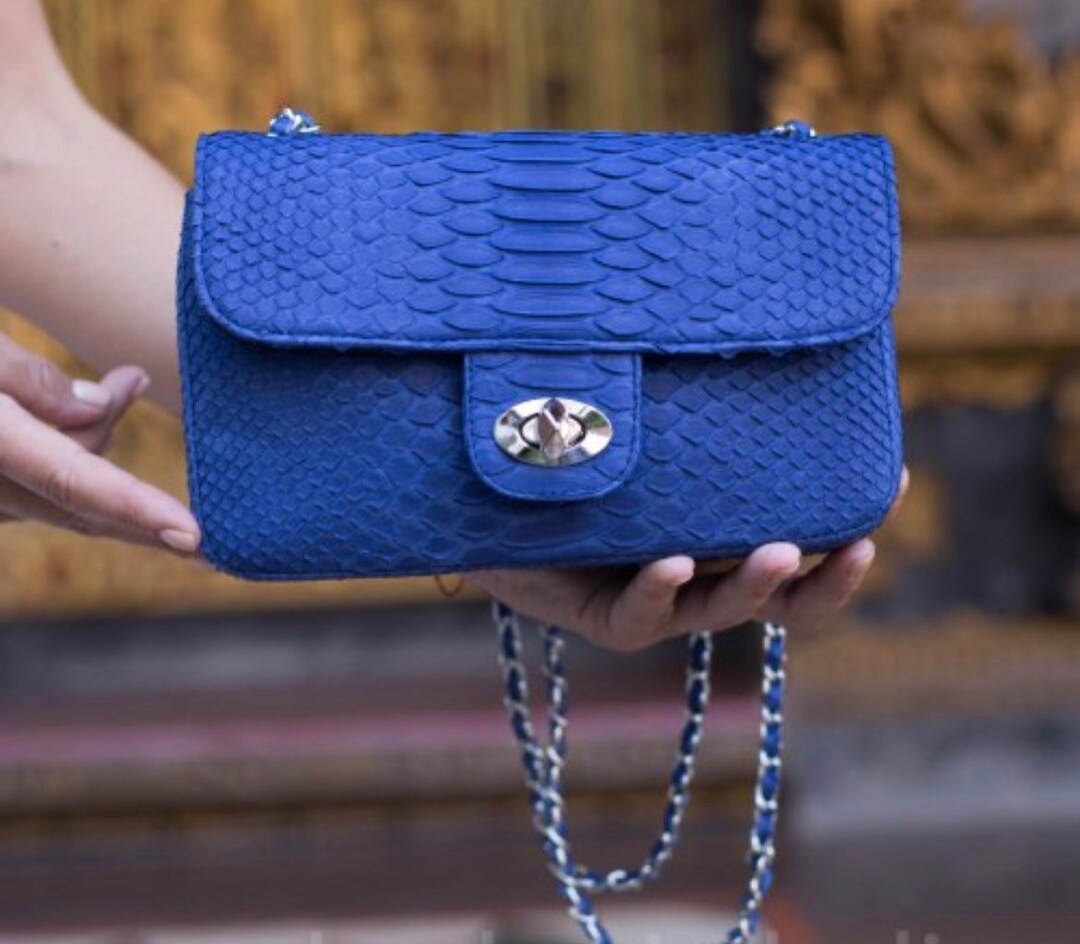 Blue Genuine Python Skin Crossbody Chain Bag | Bright Summer Bag ...