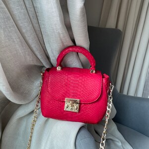 May include: A small red handbag with a gold chain strap and a gold lock closure. The bag has a snakeskin pattern.