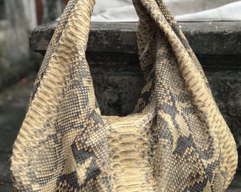 Große, weiche Hobo-Elegante Sport-Damentasche | Geldbörse aus echtem Pythonleder | Python-Hautprodukte | Beige große, elegante Leder-Designer-Softtasche Snake