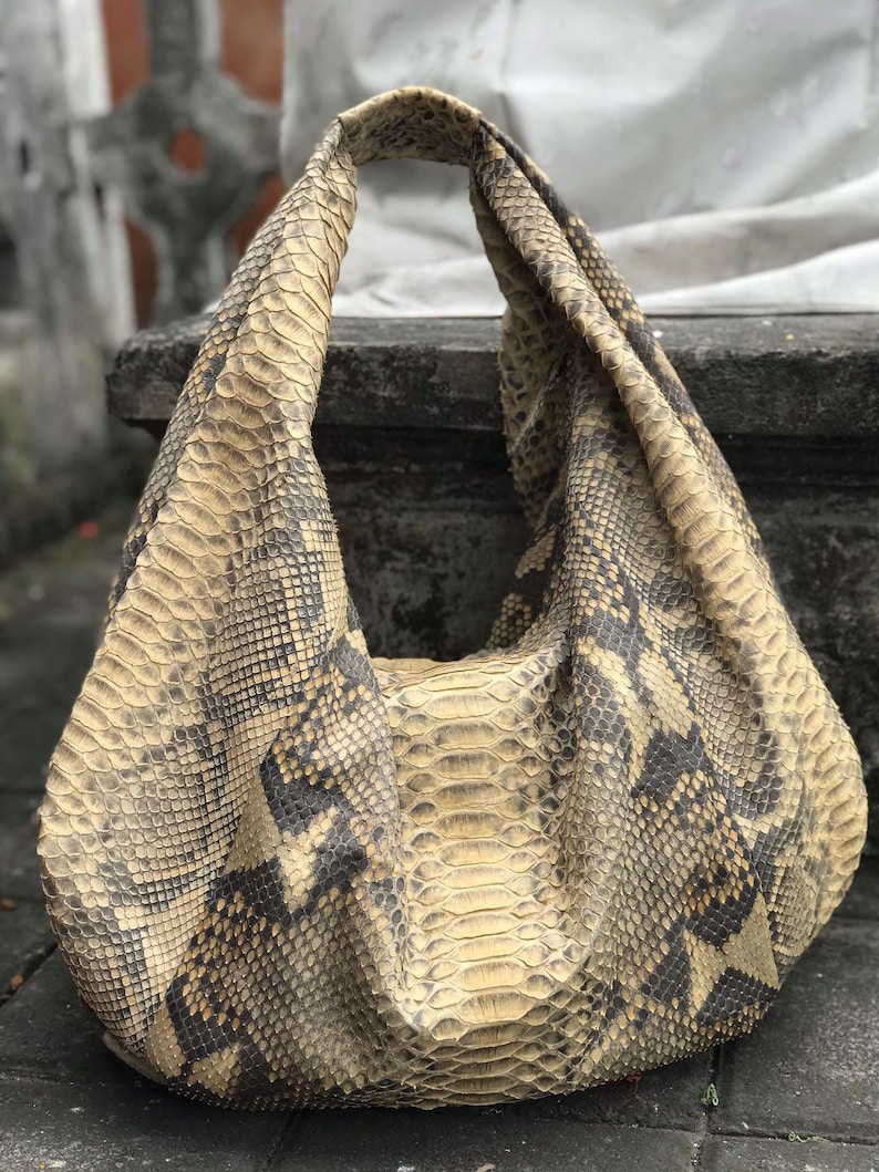 Big Soft Hobo Classy Sport Woman Bag Purse Genuine Python Skin Python Skin Products Beige Big Elegant Leather Designer Soft Bag Snake image 1