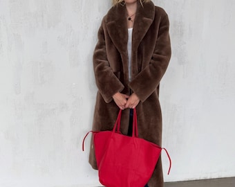 Genuine leather red tote shopper big bag / everyday purse / handmade bags / designer bags / summer bag / gift for her