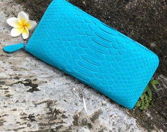 Turquise Genuine Python Unisex Wallet | Blue Leather Wallet Handmade | Snake print Accessories | aqua color Woman Wallet Exotic Leather