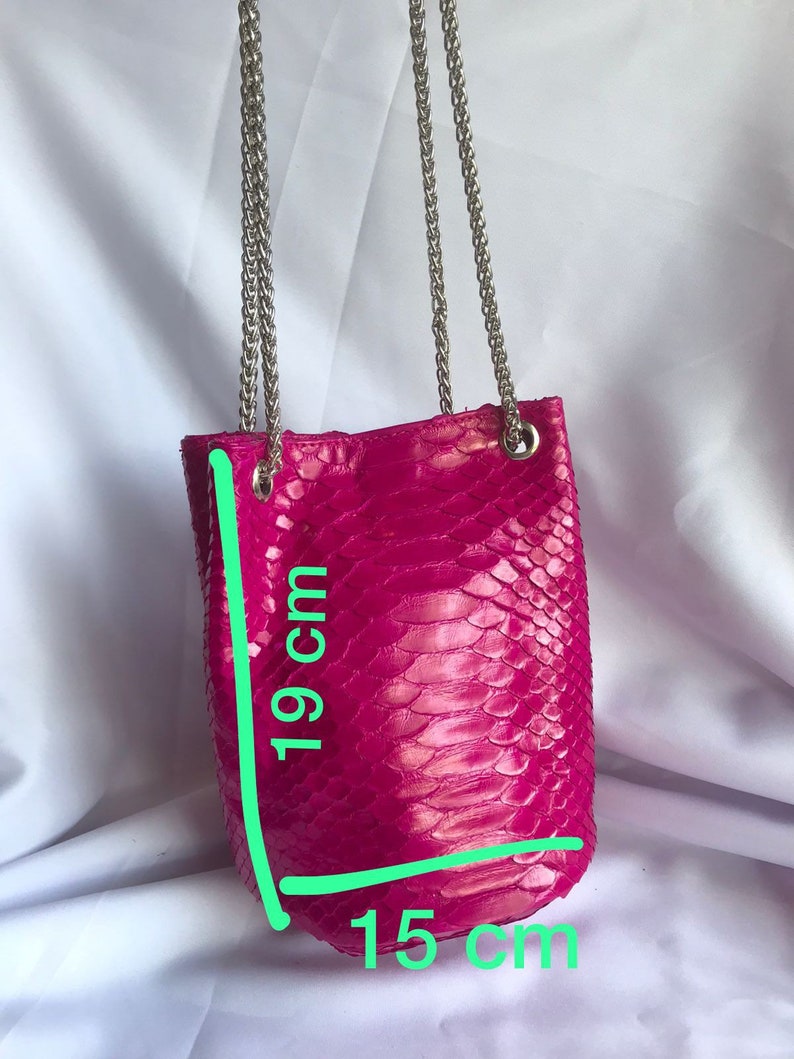 May include: A bright pink snakeskin handbag with a silver chain strap. The bag measures 15 cm wide and 19 cm tall.