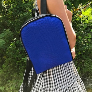 Könnte beinhalten: Ein blauer Rucksack aus Kunstleder mit schwarzem Reißverschluss und schwarzen Trägern. Der Rucksack hat ein Schlangenhautmuster.