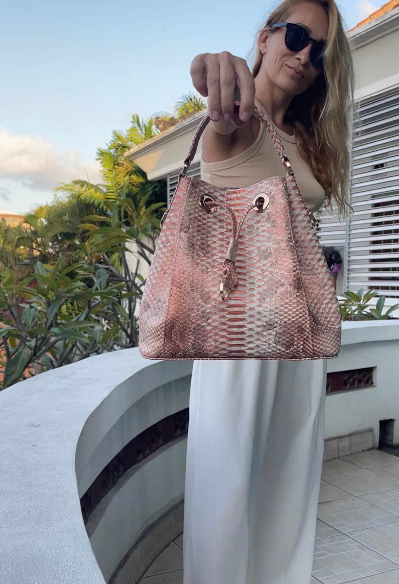 Genuine Python Skin Peachy Gold Bucket Crosshandle Bag Designer Women ...