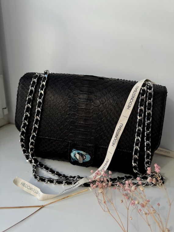 Genuine python skin maxi crossbody bag black colour big, summer big chain crossbody, elegant classy crossbody bag genuine snake  leather