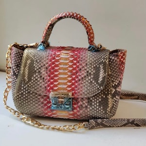 May include: A small, red, gold, and brown snakeskin handbag with a gold chain strap and a top handle.