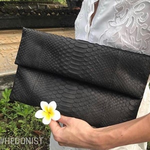 Black leather envelope  clutch |  Foldover Genuine Python Skin Woman Clutch | Elegant Classy Clutch bag | Snakeskin small bag