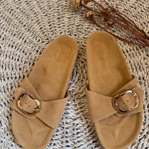 Beige Suede Women’s Sandals | Handmade Comfy Summer Shoes | Boho Everyday Flats | Natural Leather Sandals | Resort Shoes