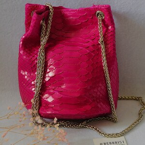 Genuine python skin bucket fuchsia chain bag / designer women purse / bright soft bag / exotic leather bags free shipping | gift for her image 2