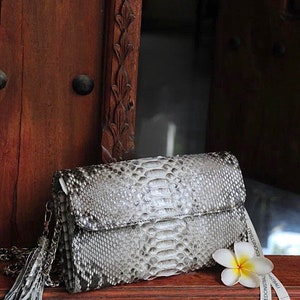 Genuine python skin classy grey flat clutch with shoulder chain | elegant evening women purse | designer leather bags | small snake bag