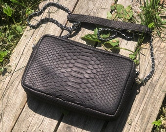 Genuine Python Skin Women Classy Black Bag | Women Shoulder Bag | Handmade Leather Snake Shuolder Bag | Python Skin Crossbody Bag Elegant