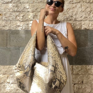 Big Soft Hobo Classy Sport Woman Bag Purse Genuine Python Skin Python Skin Products Beige Big Elegant Leather Designer Soft Bag Snake image 2