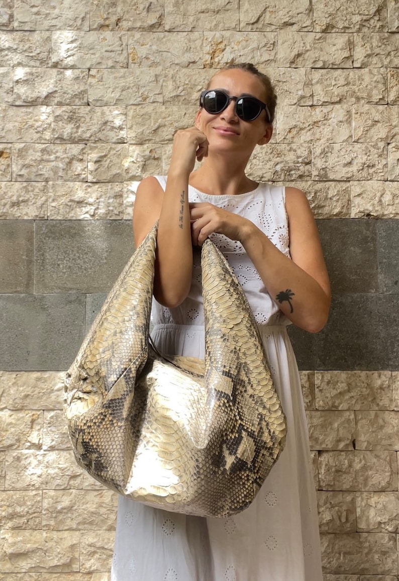 Big Soft Hobo Classy Sport Woman Bag Purse Genuine Python Skin Python Skin Products Beige Big Elegant Leather Designer Soft Bag Snake image 2