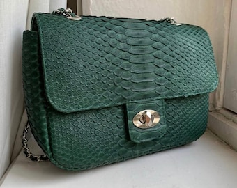 Dark Green Genuine Python Skin Crossbody Chain Bag | Bright Summer Bag | Elegant Women Bag | Chain Strap Crossbody Deep green classy Purse