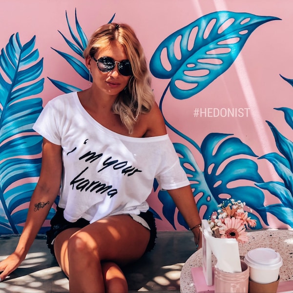 IM YOUR KARMA T-shirt printed off shoulder loose fit oversize, off shoulder tshirt, slogan tee, printed tee, yogawear tshirt, white crop tee