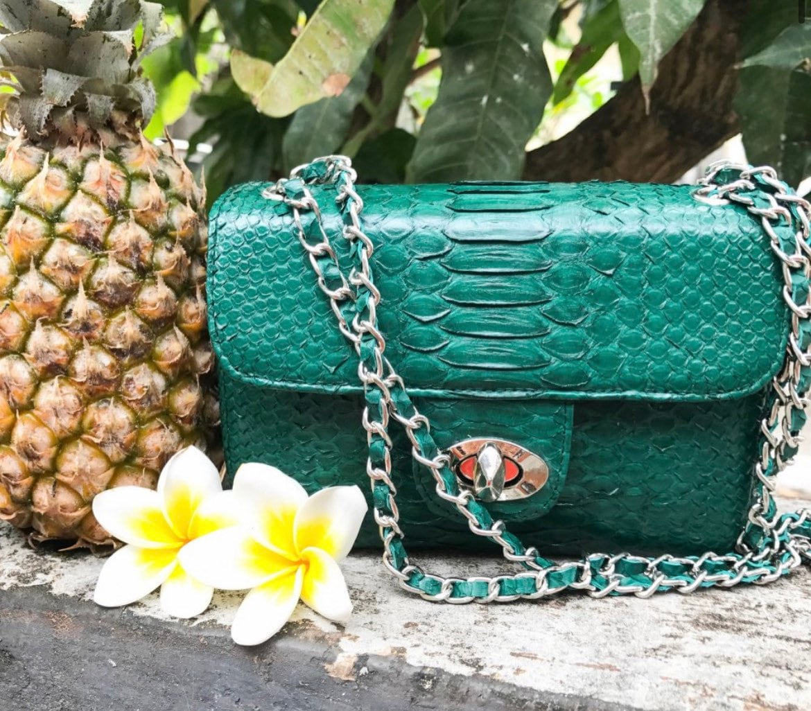 Genuine Python Skin Dark Green Crossbody Bag | Adjustable