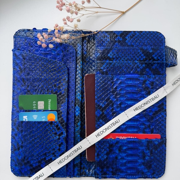 Organizador de documentos de viaje unisex plano de piel de pitón auténtica azul/cartera de cuero exótico/idea de regalo