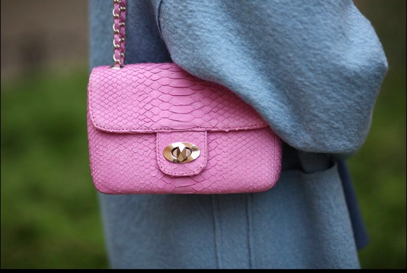 K&ouml;nnte beinhalten: Eine rosa Schultertasche mit Schlangenleder-Optik, einem silbernen Verschluss und einem silbernen Kettenriemen.