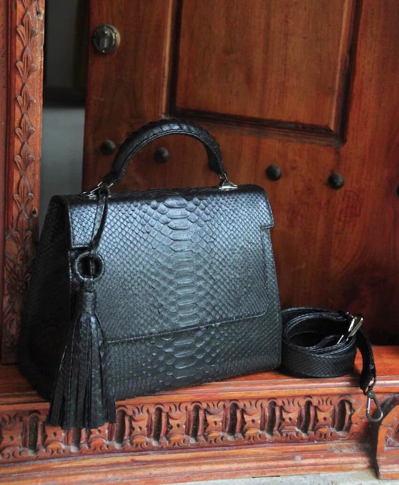 Top Handle Black Classy Genuine Python Skin Big Bag | Exotic Leather ...