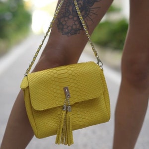 May include: A yellow snakeskin handbag with a silver chain strap and a tassel. The bag has a flap closure and a small silver buckle.