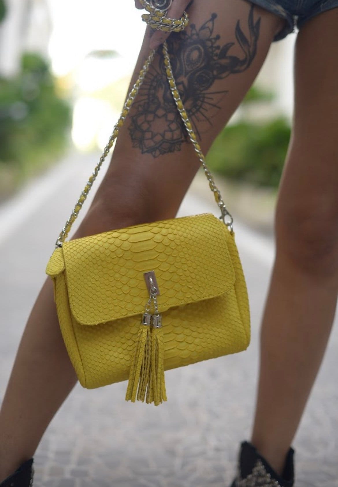 Genuine Python Skin Crossbody Bag | Chain Tassel Yellow
