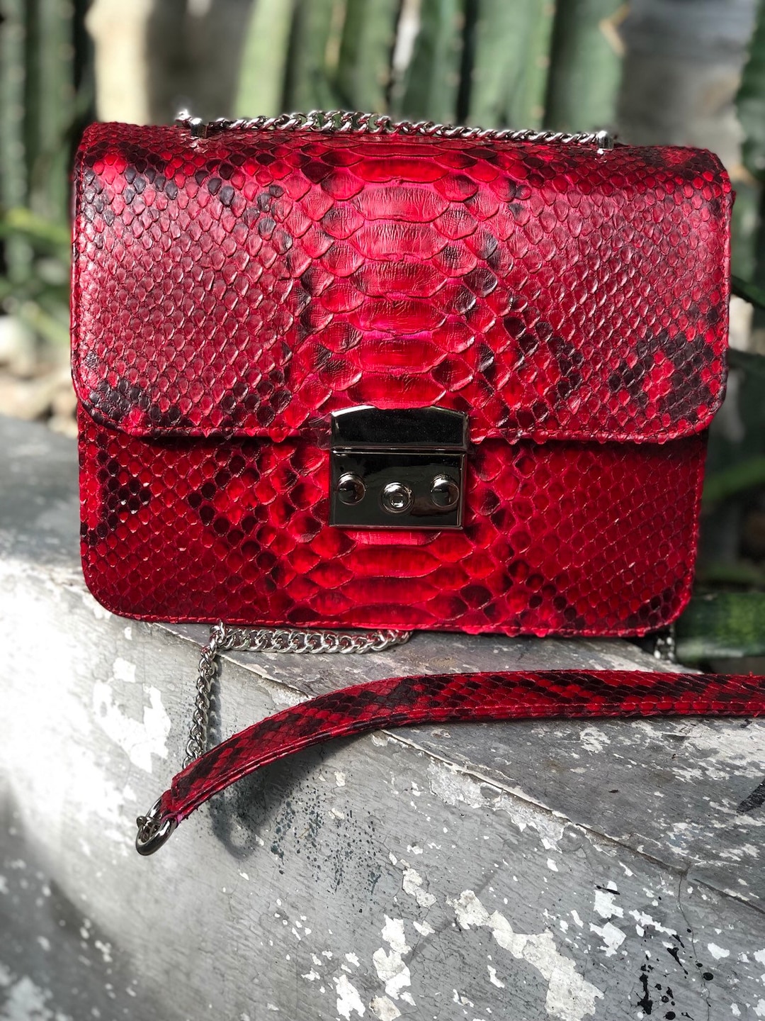 Red Genuine Python Skin Bag Purse Chain Crossbody Classy Elegant Red