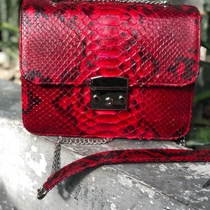 Red Genuine Python Skin Bag Purse  Chain Crossbody | Classy elegant red leather bag | Handmade designer Bag | Exotic skin bags | Red bag