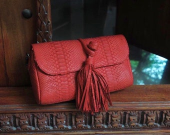 Genuine Python Skin Clutch with tassel |women purse | exotic leather bags | red classy evening clutch | designer crossbody bag handmade