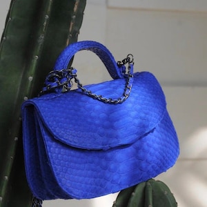 May include: A bright blue snakeskin handbag with a black chain strap. The bag has a flap closure and a top handle.