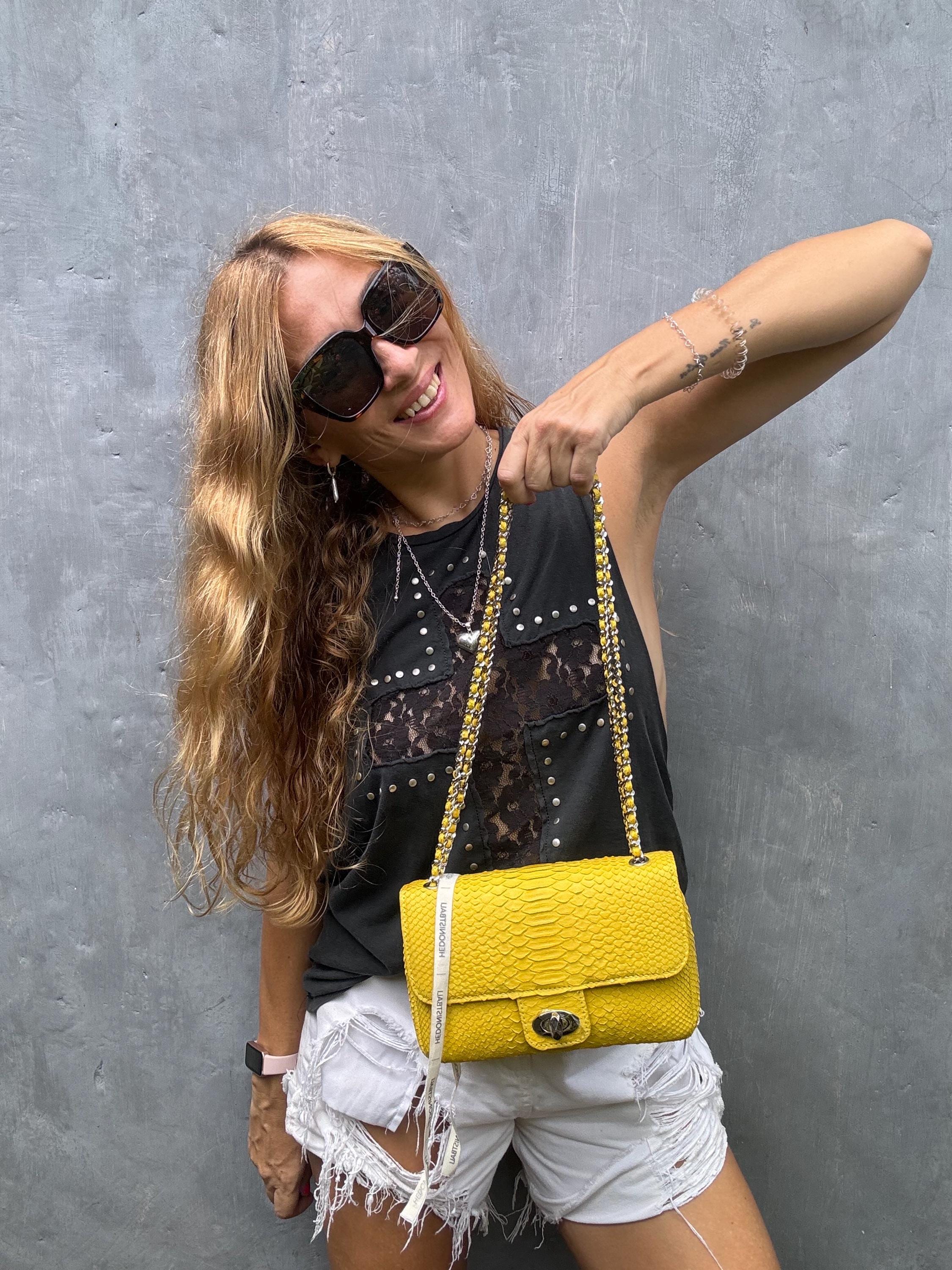 Yellow Genuine Python Skin Crossbody Chain Bag | Bright