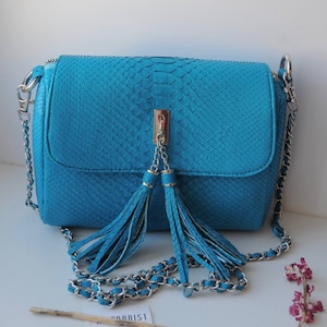 Genuine python skin crossbody turquise tassel womens bag / exotic leather bags / designer leather handmade purse / chain shoulder bag