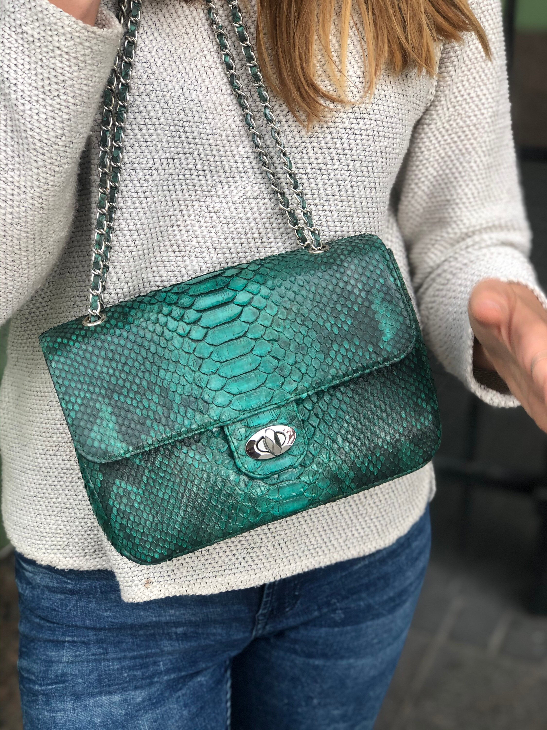 Genuine Python Skin Green Color Shiny Chain Bag | Shoulder