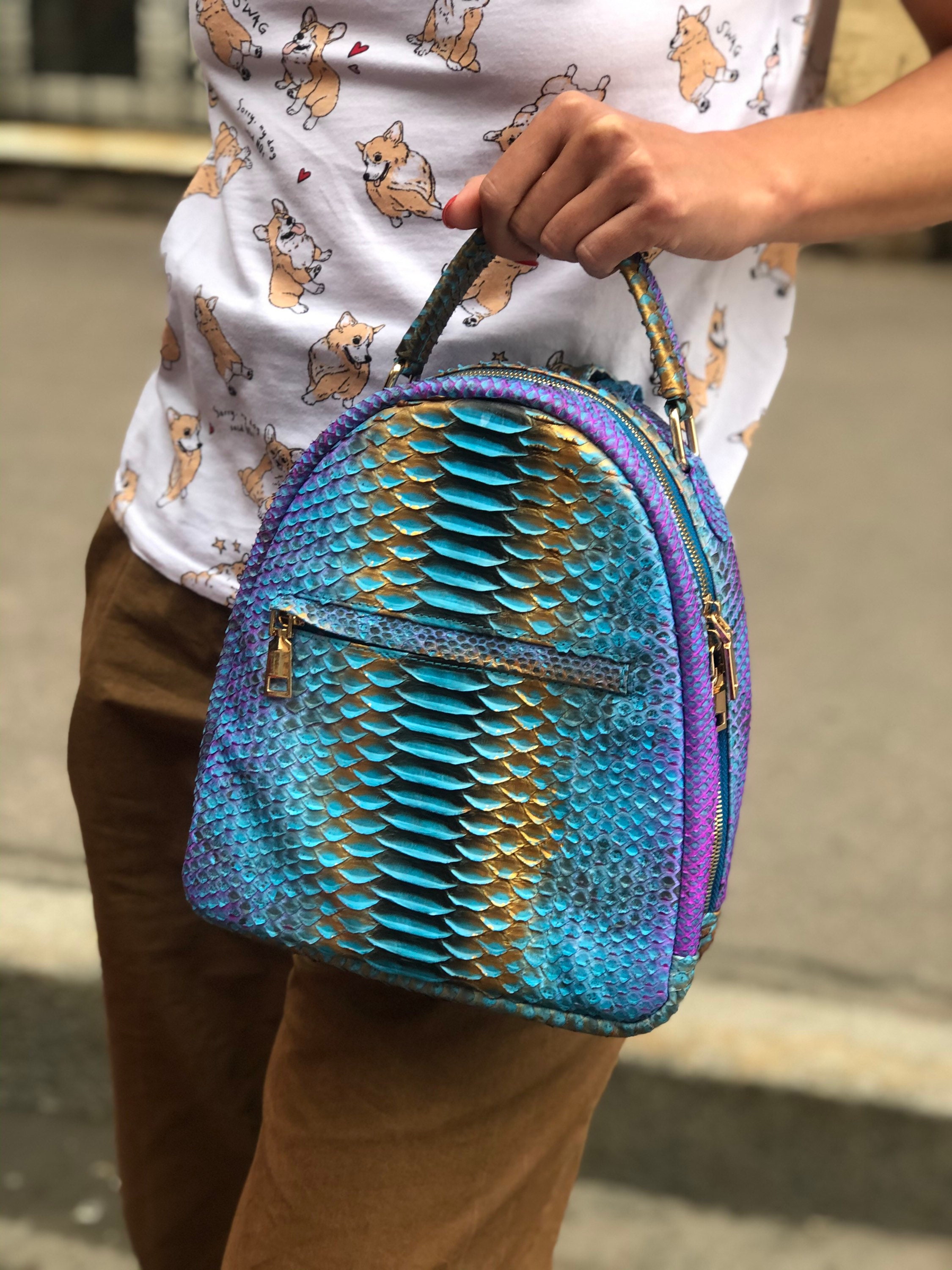 Genuine Python Skin Blue Shiny Backpack Exotic Leather Bags Women Sport Chic Leather BackPack Backpack For Girls Handmade Backpacks