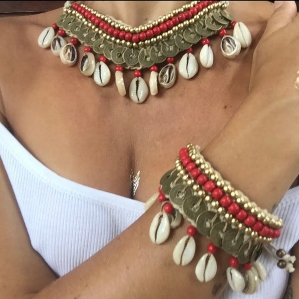 Set of two choker and bracelet  | Boho Jewerly | Hippie Coachella Necklace Red | Woman  Bali Tropical Shell Coins Necklace Handmade Gypsy