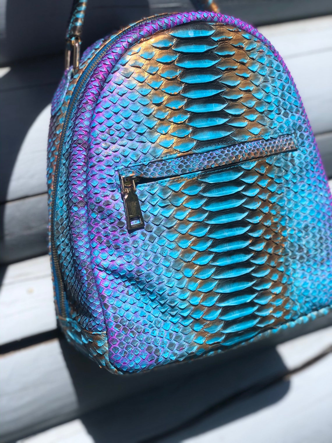 Genuine Python Skin Blue Shiny Backpack | Exotic Leather Bags | Women ...
