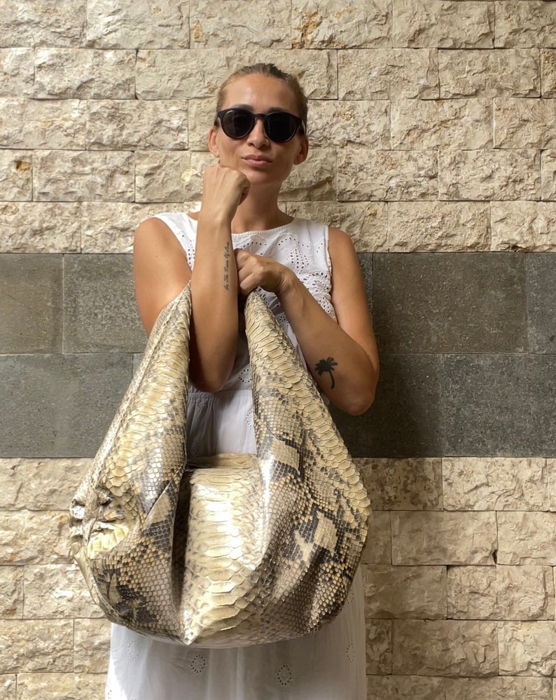 Big Soft Hobo Classy Sport Woman Bag Purse Genuine Python Skin Python Skin Products Beige Big Elegant Leather Designer Soft Bag Snake image 4